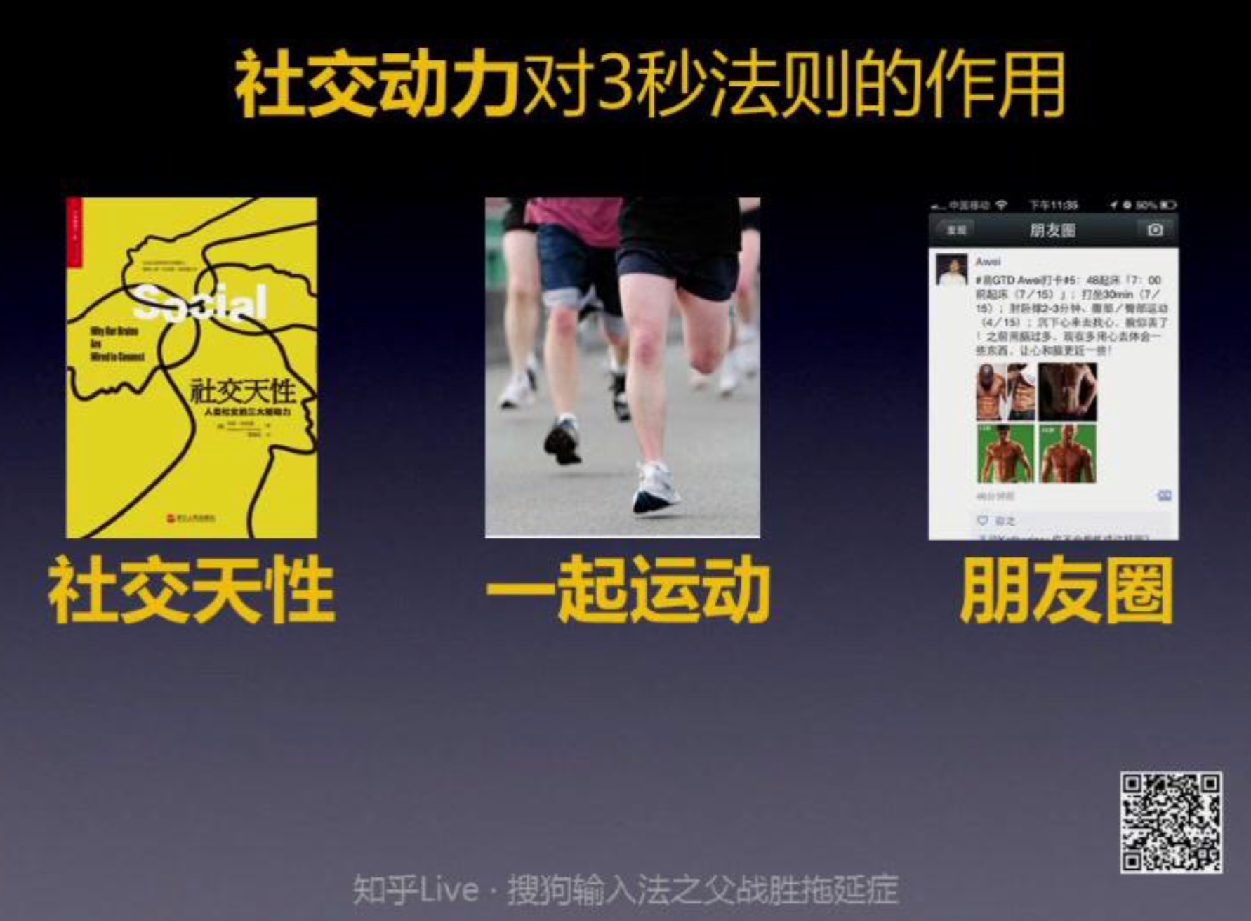 社交动力对三秒法则作用的示意图:社交天性、一起运动、朋友圈打卡